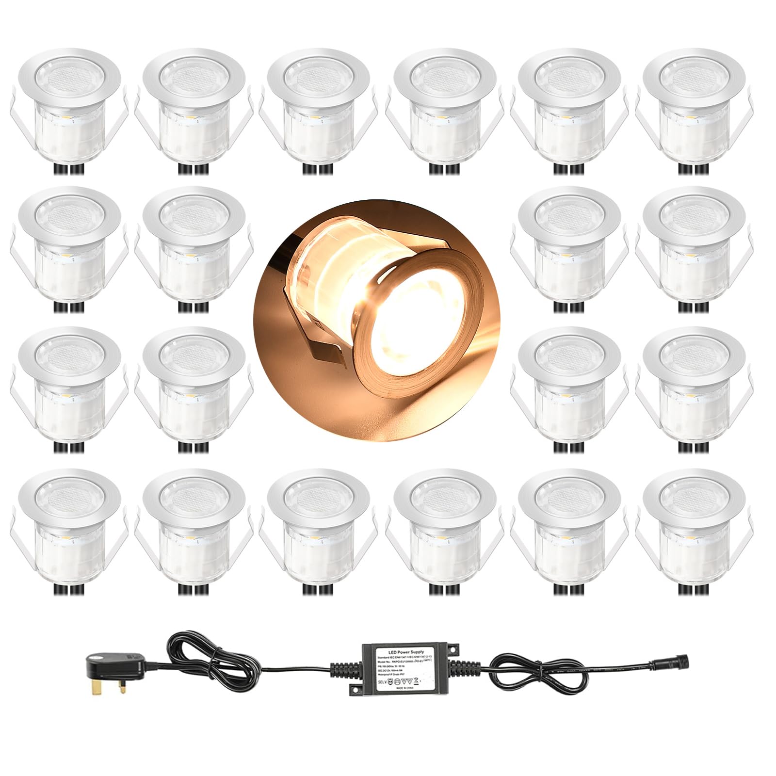 GEYUEYA Home Warm White Decking Lights, φ30mm LED Deck Lights 12V 0.6W IP67 Waterproof, Led Plinth Light for Terrace/Patio/Path/Wall/Garden/Decoration - 20 Packs