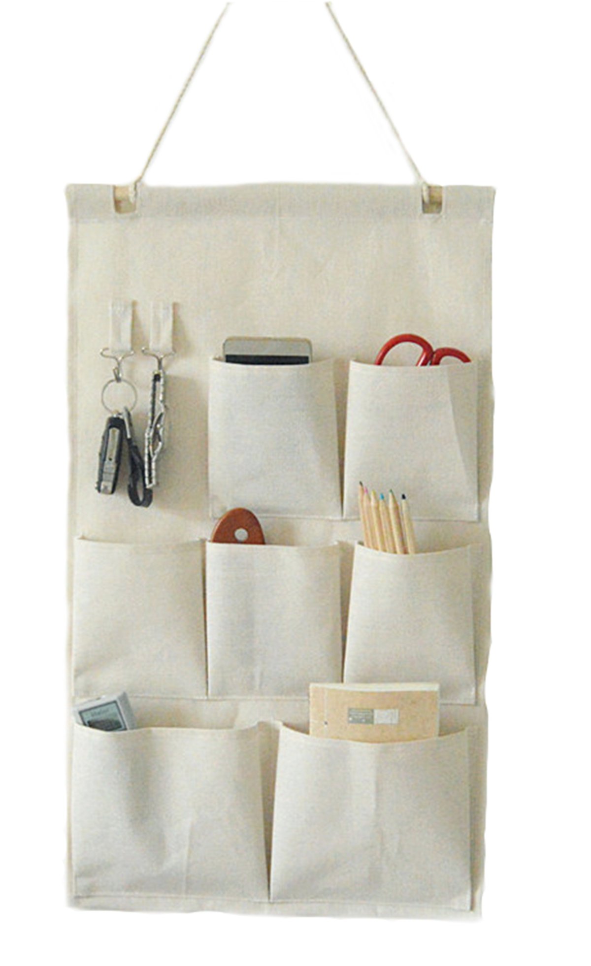 CaLeQi Linen/Cotton Fabric Wall Door Closet Hanging Storage Bag Case (Beige 7 Pockets, 35x54cm)