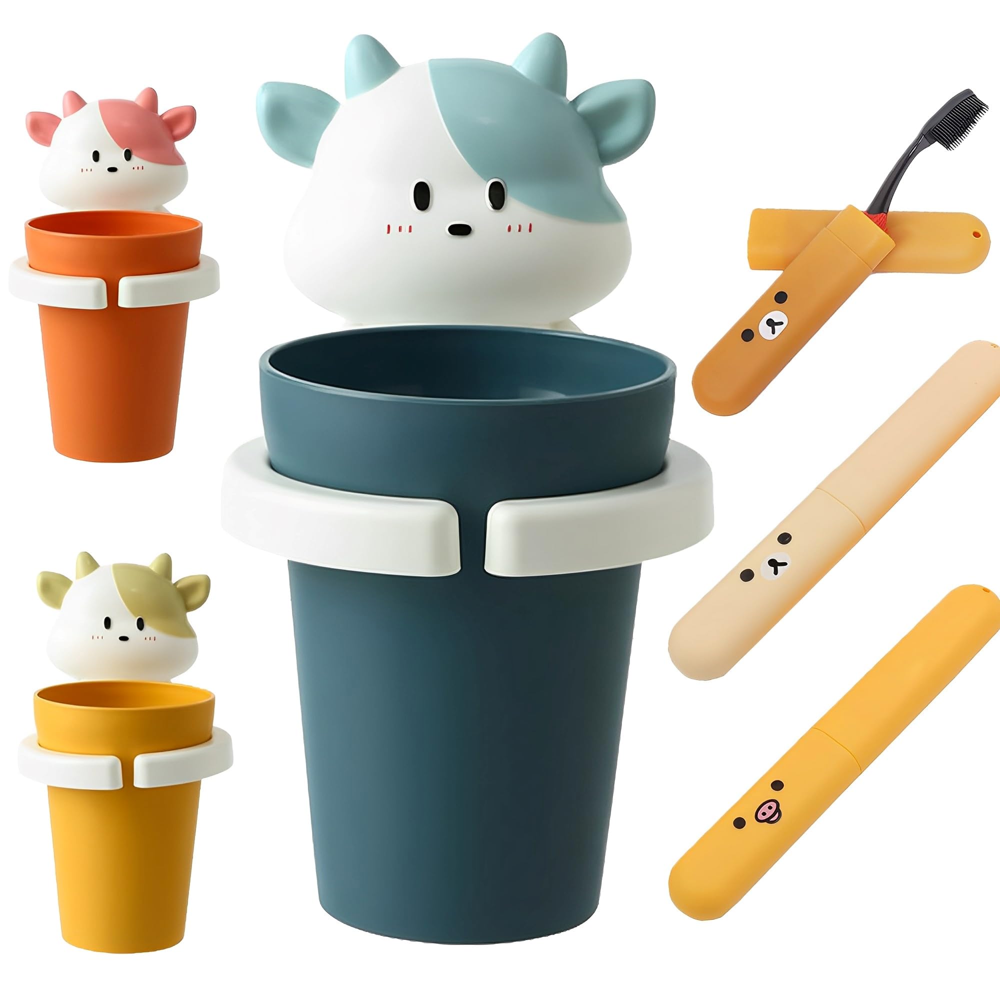 DXIA Toothbrush Holder, Kids Cartoon Animals Toothbrush Holder Wall Mounted, Calf Wash Cup Holder with 4 Portable Dust-Proof Travel Toothbrush Cover Storage, for Daily and Travel（Blue）