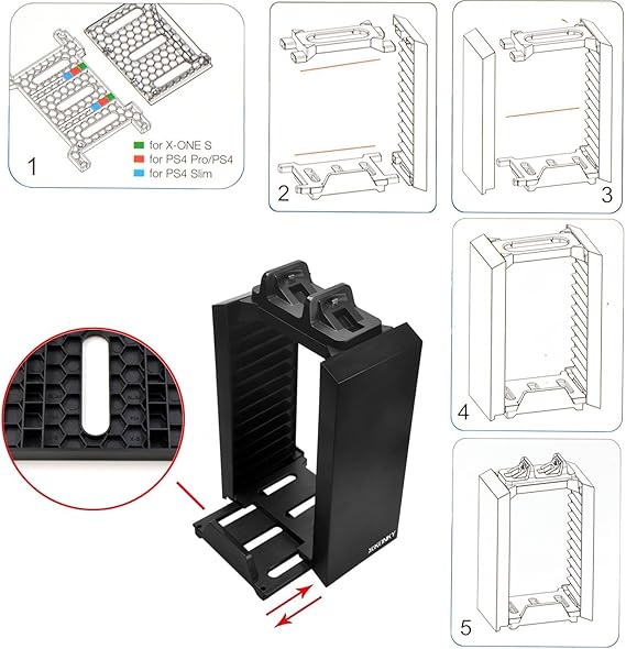 Amazon J Konky Ps4多機能縦置きスタンド 12枚ソフト収納 コントローラー2台 置くだけ充電スタンド 騒音なし ブラック 縦置きスタンド Ps4 スリム 縦置きスタンド たておき ケース 収納