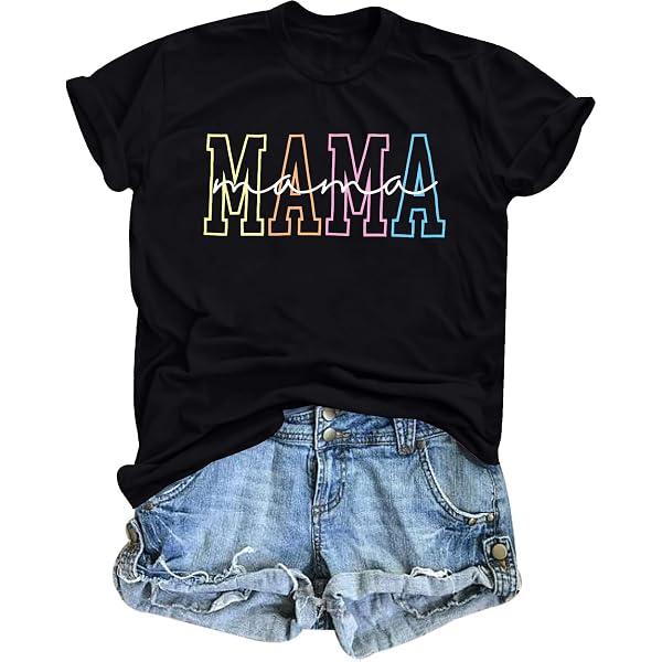 Funny Mama Letters Print T-Shirt For Women – Casual Short Sleeve Tee, Flowers Graphic, Gift For Mom (Grey, Medium)