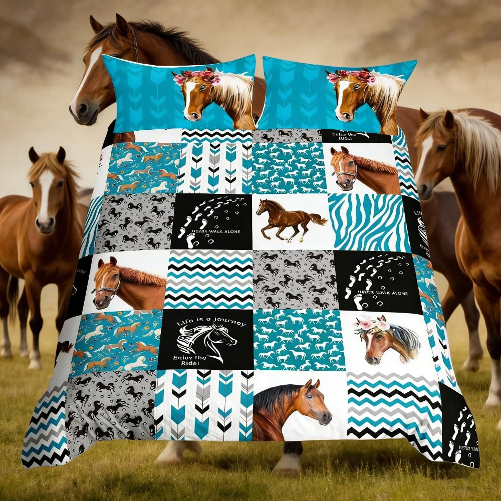 Loussiesd Horse Comforter Cover Set Girls Floral Horse Bedding Set for Kids Women Buffalo Check Geometric Farmhorse Bedding Duvet Cover Set Blue Wild Animal Single Size Quilt Cover 2Pcs