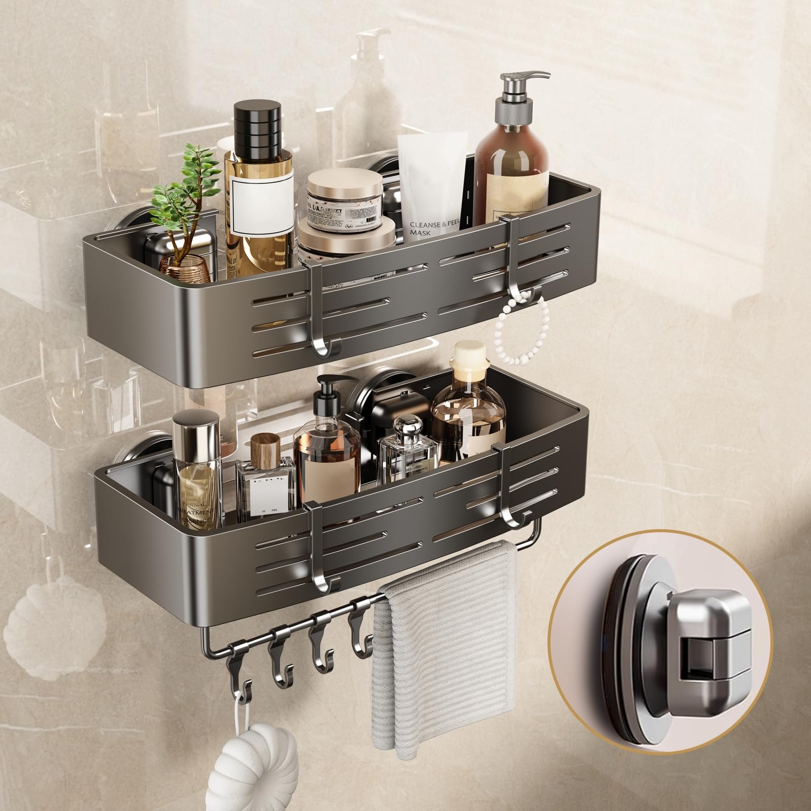 Photo 1 of VOLPONE Shower Caddy Suction Cup No Drilling Suction Cup Shower Shelf Heavy Duty Bathroom Shower Organizer Storage Rack Adhesive with Towel Bar Hooks (2-Pack, Matte Gray)