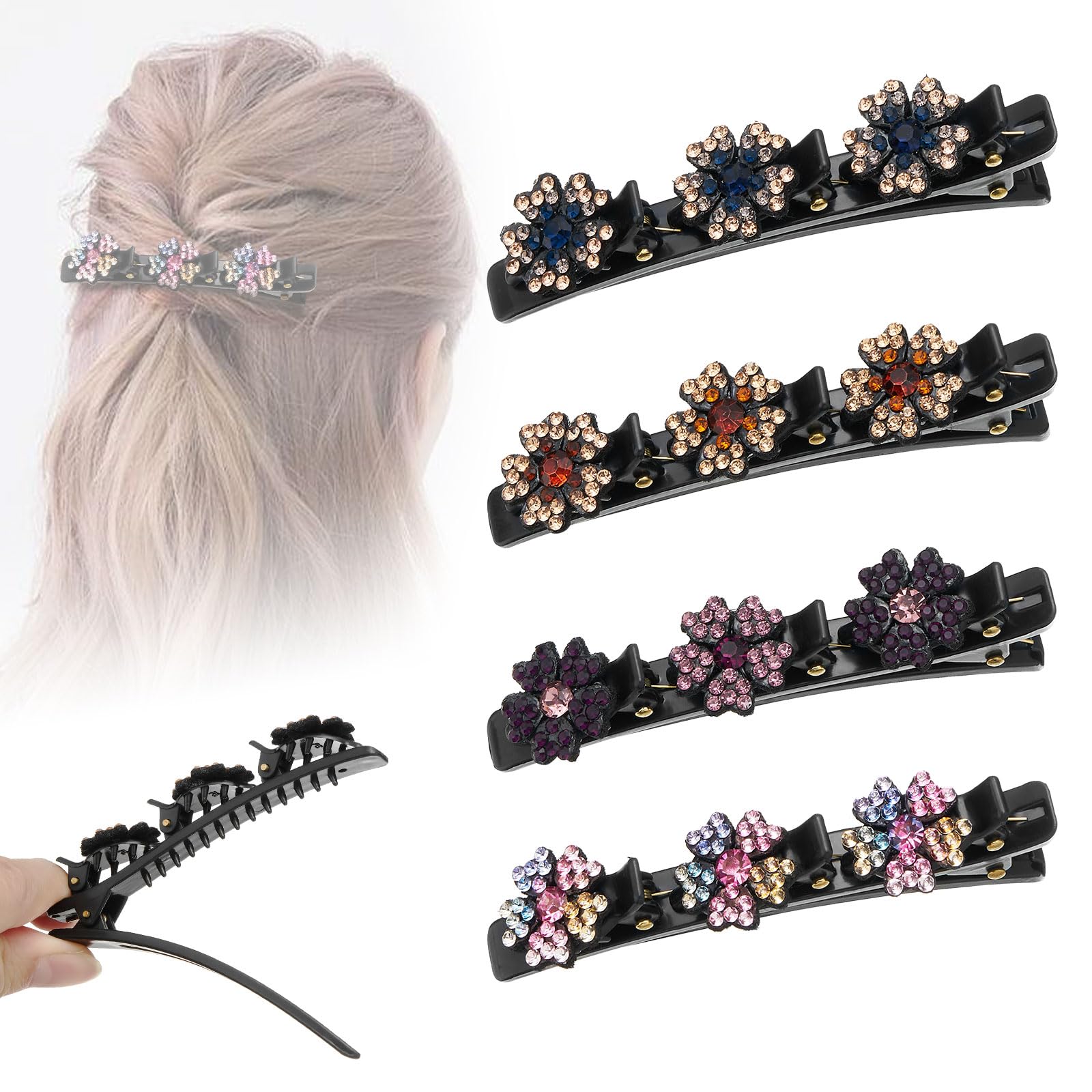 Pack of 4 Braided Hair Clips with Rhinestones, Hair Clips with Sparkling Crystal Stones, Hair Styling Clips, Double Layer Hair Clip with Rhinestones for Women and Girls (Flower-Style2)