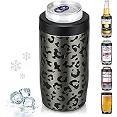 MAXSO Slim Can Cooler, 4-in-1 Double Walled Stainless Steel Insulated Beer Can Holder, Works With All 12 Oz Cans,Bottles & As A Pint Cups - Black Leopard