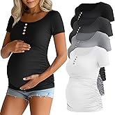 Riyiper 4 Pack Women's Maternity Shirts, Henley Scoop Neck Pregnancy Tee Tops Short Sleeve Side Ruched Mama Clothes