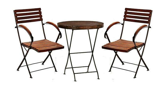 Patio Furniture Set. 2 Folding arm Chair & 1 Solid wood Round Table for outdoor garden patio balcony and garden or patio area