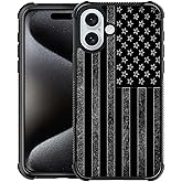 ZHEGAILIAN Case Compatible with iPhone 16, Black and White American Flag Cases, Tempered Glass Back+Soft Silicone TPU Shock Protective Case for iPhone 16.
