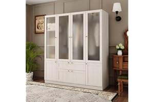 TAMUNE 4 Door Wardrobe Armoire Closet with Hanging Rods & 2 Drawers, Bedroom Armoire with Frosted Glass Doors, Clothes Wardrobe with Gold Knobs, Wood Grain, 19.9”D x 63”W x 70.9”H