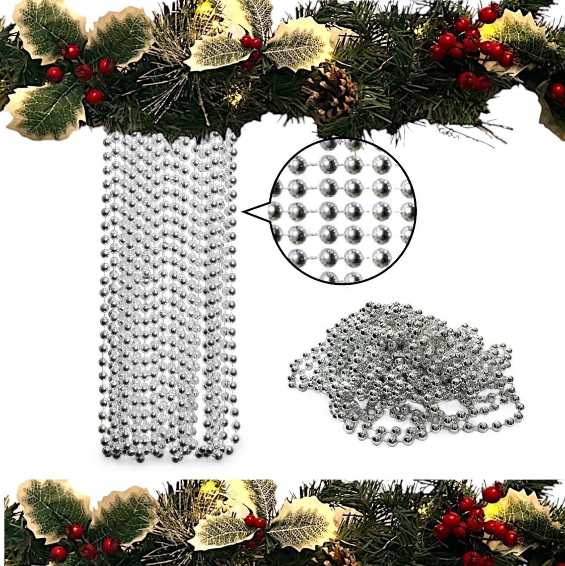 Luxury 10m Christmas Tree & Room Decoration - 8mm Bead Garland, Silver
