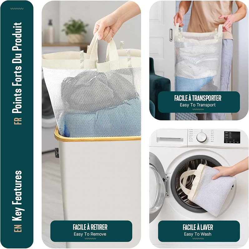 ® Cesto Ropa Sucia con Tapa 145L Cesta para la Colada Cubo Ropa Sucia Plegable con Ruedas Bolsas Interiores Extraíble Asas de Bambú Laundry Basket para Lavandería Dormitorio Cuatro de Baño Beige
