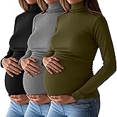 Ficerd 3 Pack Women's Maternity Shirts, Turtleneck Long Sleeve Pregnancy Tops Casual Side Ruched Maternity Tees Mama Clothes