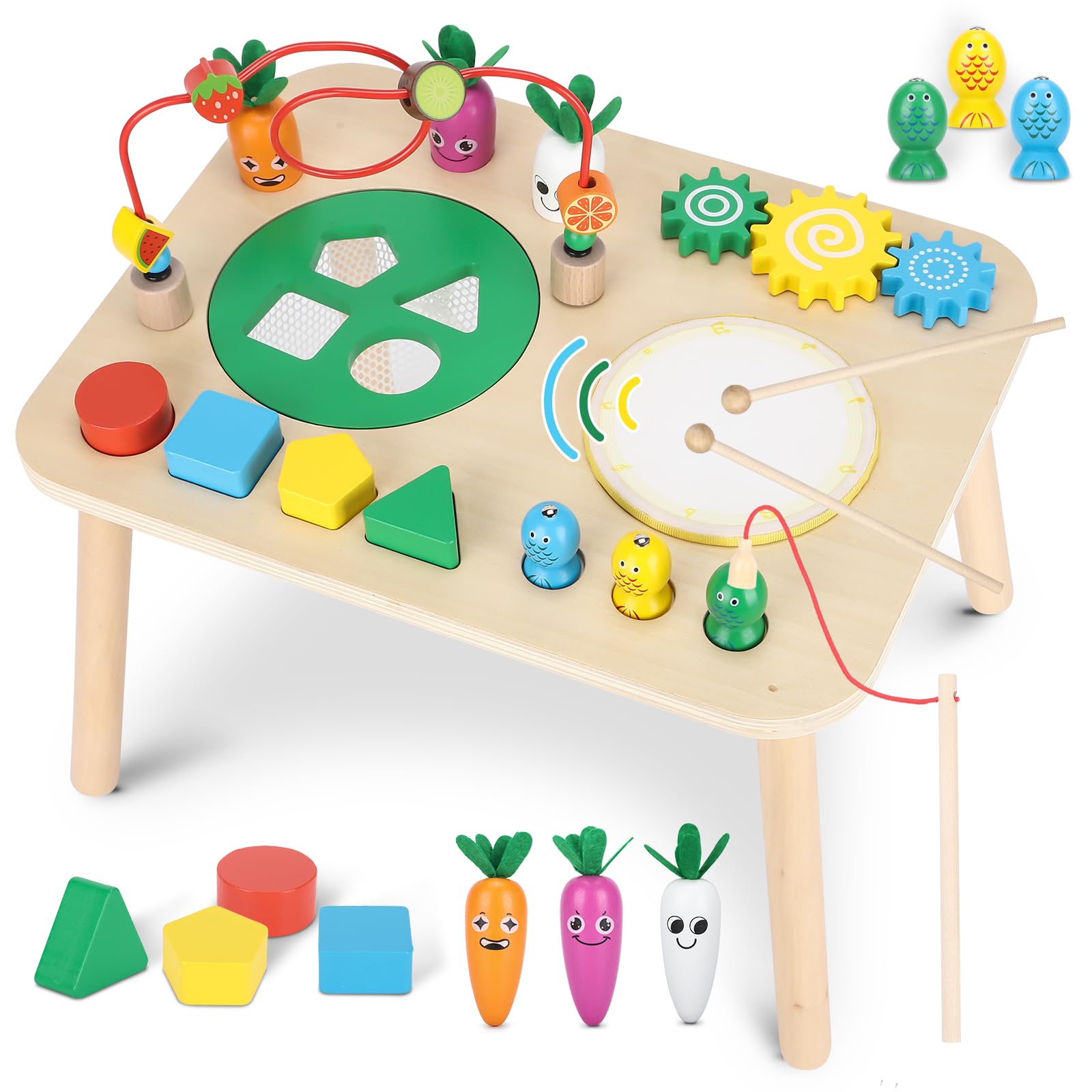 View 1 of Activity Table for 1+ Year Old, 7 in 1 Wooden Montessori Activity Center Play Table with Drum, Bead Maze Shape Sorter Fishing Game, Kids Sensory Educational Toddler Learning Toys 1st Birthday Gifts