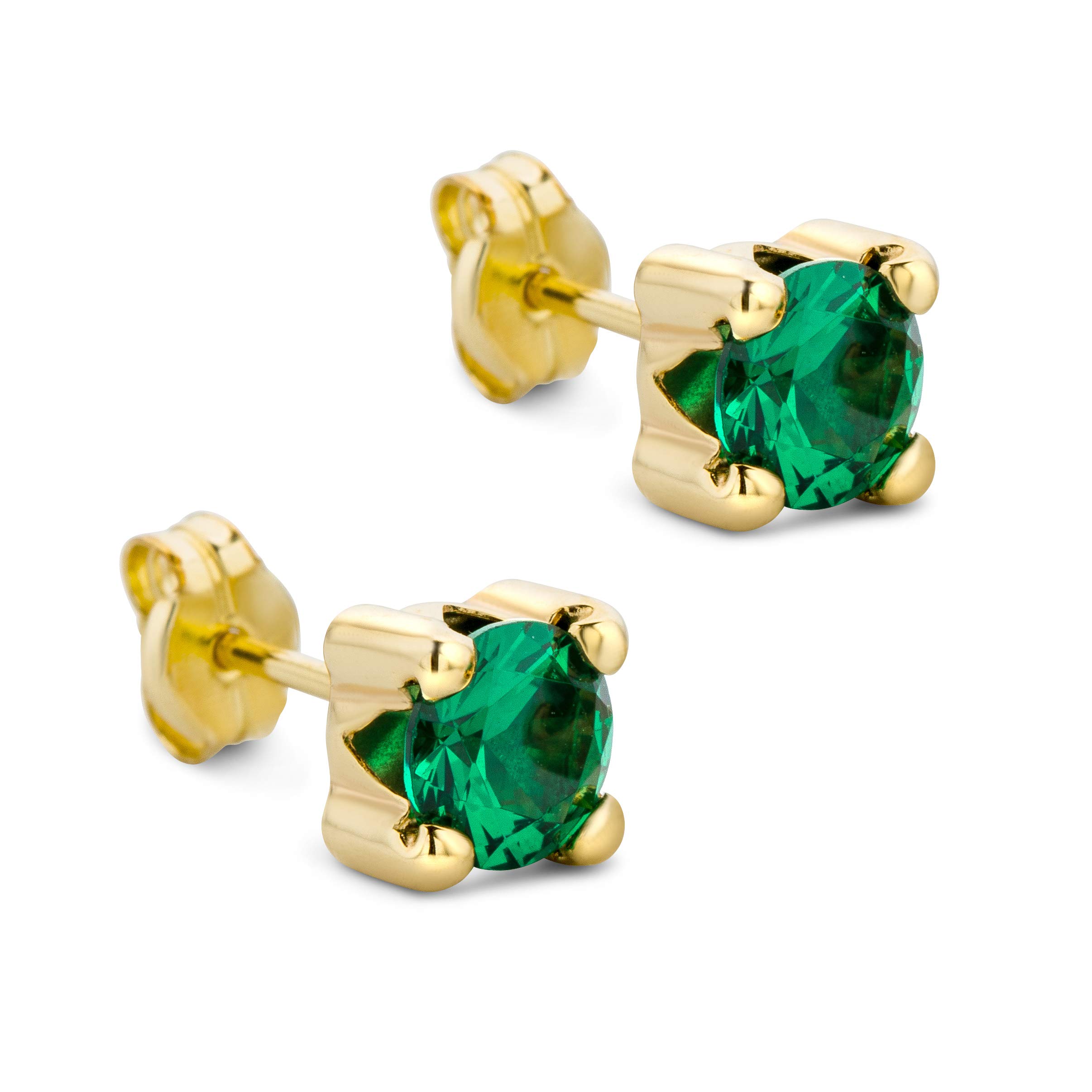 Orovi Square-Shaped Yellow Gold Earrings for Women with Emeralds in 9 Carat Gold, Hypoallergenic Earrings - Handmade studs with jewellery box