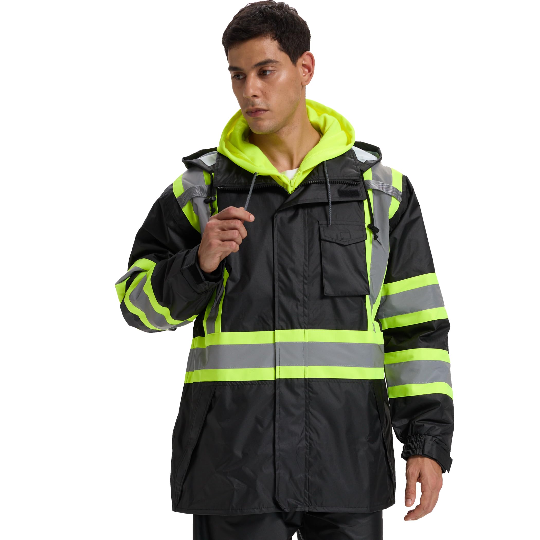 Photo 1 of SRsafety Hi Vis Rain Jacket for Men,Waterproof Class 3 Safety Rain Suit with Removable Hood & Black Bottom,High Visibility Rain Gear with Interior Mesh Lining