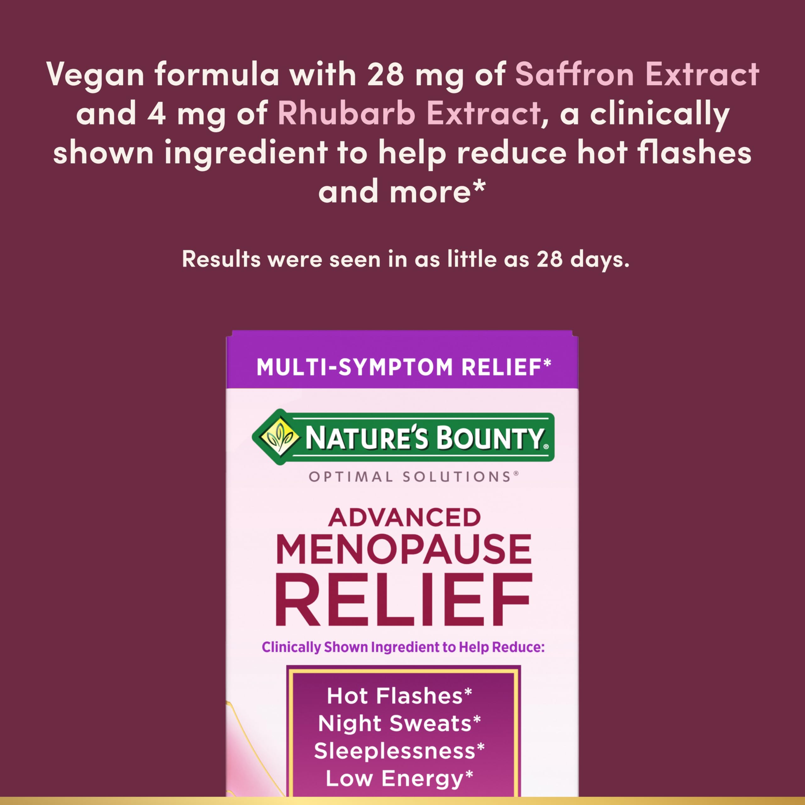 Nature’s Bounty Optimal Solutions Advanced Menopause Relief, Menopause Supplement for Women featuring Siberian Rhubarb, Hotflash Relief, No added Hormones, Drug-Free, 30 Tablets, 30 Total Servings