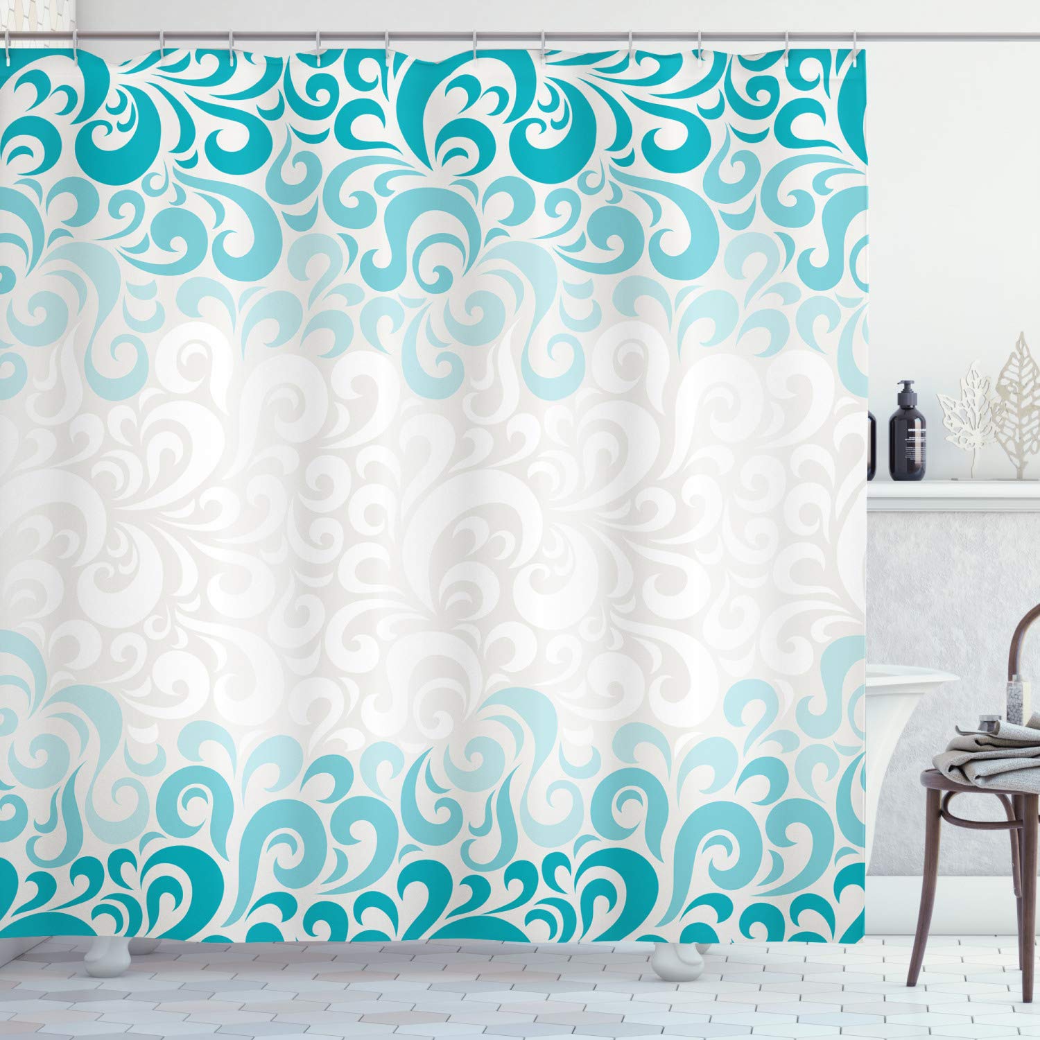 ABAKUHAUS Turquoise Shower Curtain, Abstract Floral Flowers Pattern Classic Design Illustration, Cloth Fabric Bathroom Decor Set with Hooks, 86 Inches Extra Long, Teal Turquoise White