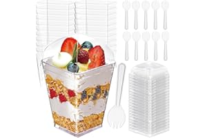 100pcs Clear Dessert Cups with Lids and Spoons, 5.4oz /160 ml Dessert Cups, Reusable Square Parfait Cup for DIY Dessert Mouss