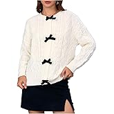 MakeMeChic Women's Bow Knot Sweater Cardigan Cable Knit Long Sleeve Crew Neck Knitted Cardigan Outerwear