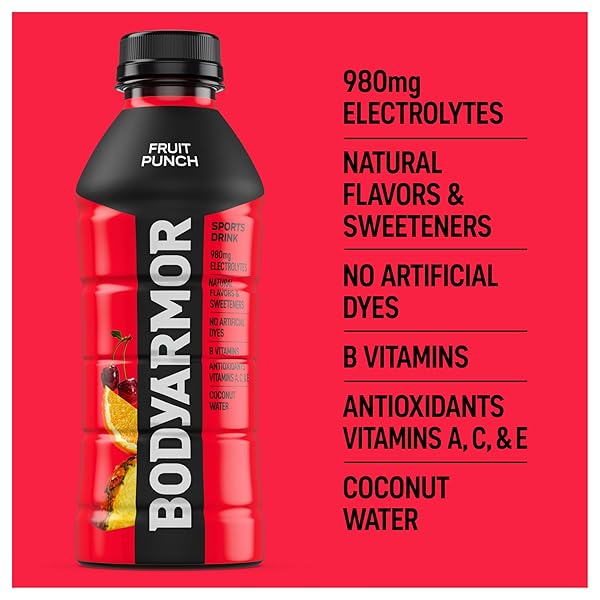 BODYARMOR SPORTS DRINK SPORTS BEVERAGE, FRUIT PUNCH, COCONUT WATER HYDRATION, NATURAL FLAVORS WITH VITAMINS, POTASSIUM-PACKED ELECTROLYTES, PERFECT FOR ATHLETES, 20 FL OZ (PACK OF 6)