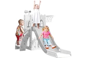 LulliSpace 6 in 1 Toddler Slide,Kids Playset for Toddlers Indoor Outdoor, Baby Slide with Basketball Hoop, Telescope & Storage Space,Non-Slip Steps for Great Gift