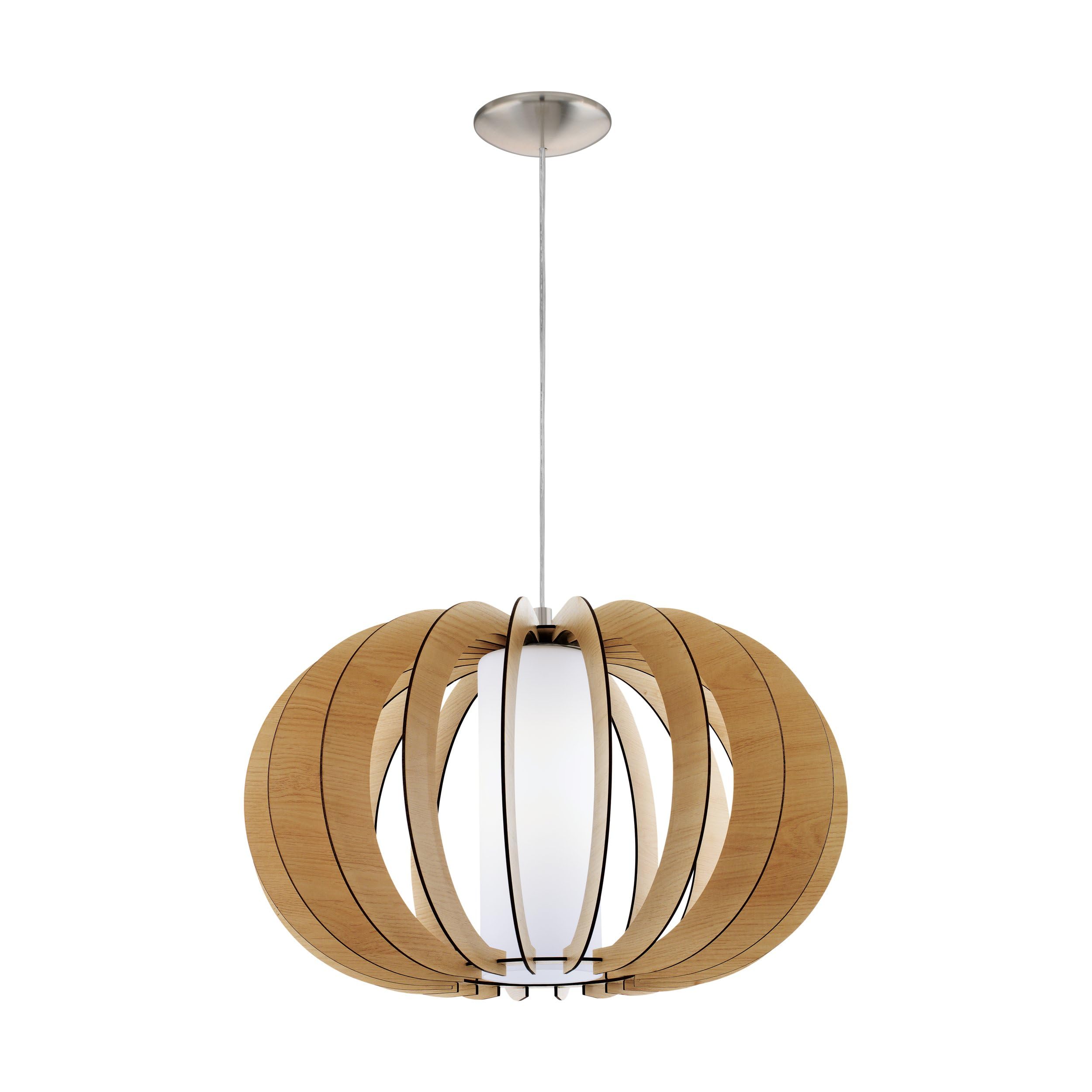 Eglo Pendant Light Stellato 1, 1-Light Hanging lamp Vintage, Pendant lamp in Steel, Wood and Glass in Matte Nickel, Maple, White, Dining or Living Room lamp with E27 Socket, Ø 50 cm