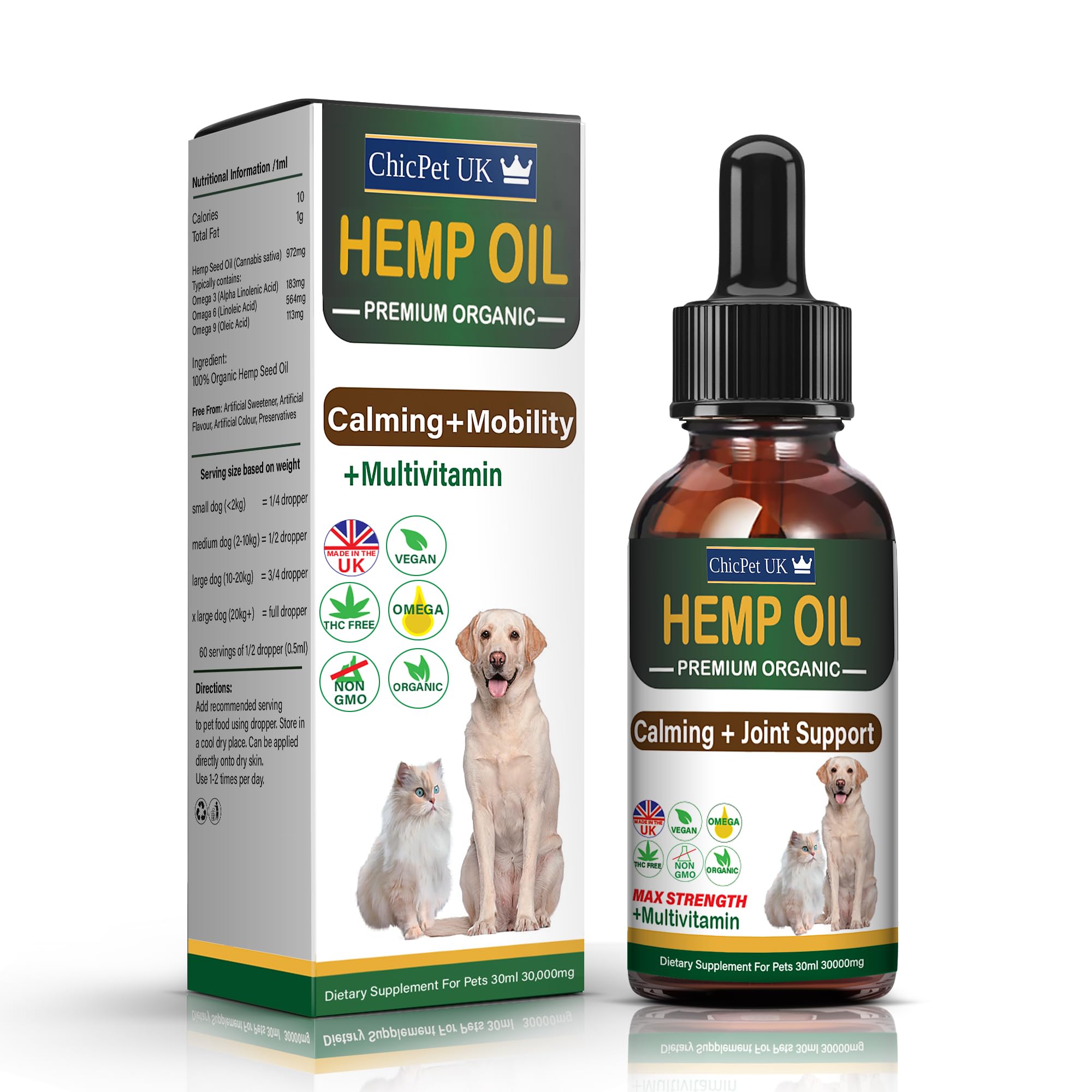ChicPet UK Hemp Oil for Dogs Cats Pets | Naturally Supports Calming and Mobility | Made in The UK | Organic | 30000mg 30ml