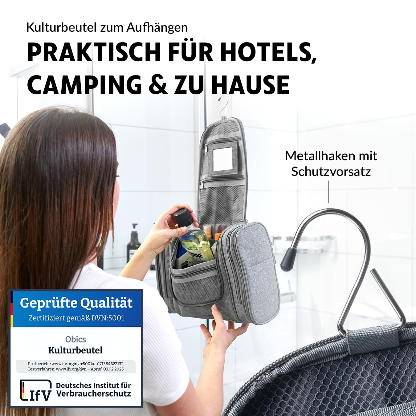 Obics Kulturbeutel Herren & Damen Gross grau 8L XL - Kulturtasche zum Aufhängen & mit Spiegel - Toiletten-Tasche mit Henkel hängend - Kosmetik-Beutel groß - Waschtasche 10 Fächer für Camping Reisen 3