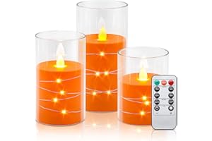 Aignis Flickering Flameless Candles Battery Operated Candles Recessed String Light LED Unbreakable Plexiglass Candles with Remote Timer 3D Flame Set of 3 Orange (D3 xH4 5" 6")