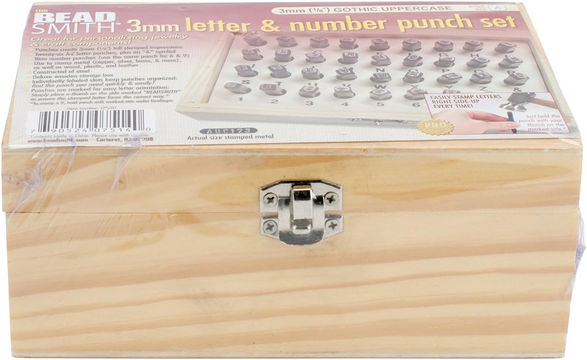 The Beadsmith 3-Millimeter Gothic Letter and Number 36-Piece Punch Set with Wooden Storage Box, AÐZ and 0Ð9 Number Punches, Jewelry-Making Tools