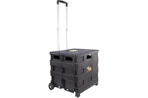dbest products Quik Cart Collapsible Rolling Crate on Wheels for Teachers Tote Basket 80 lbs Capacity, Made from Heavy Duty Plastic Used as a Seat, Black