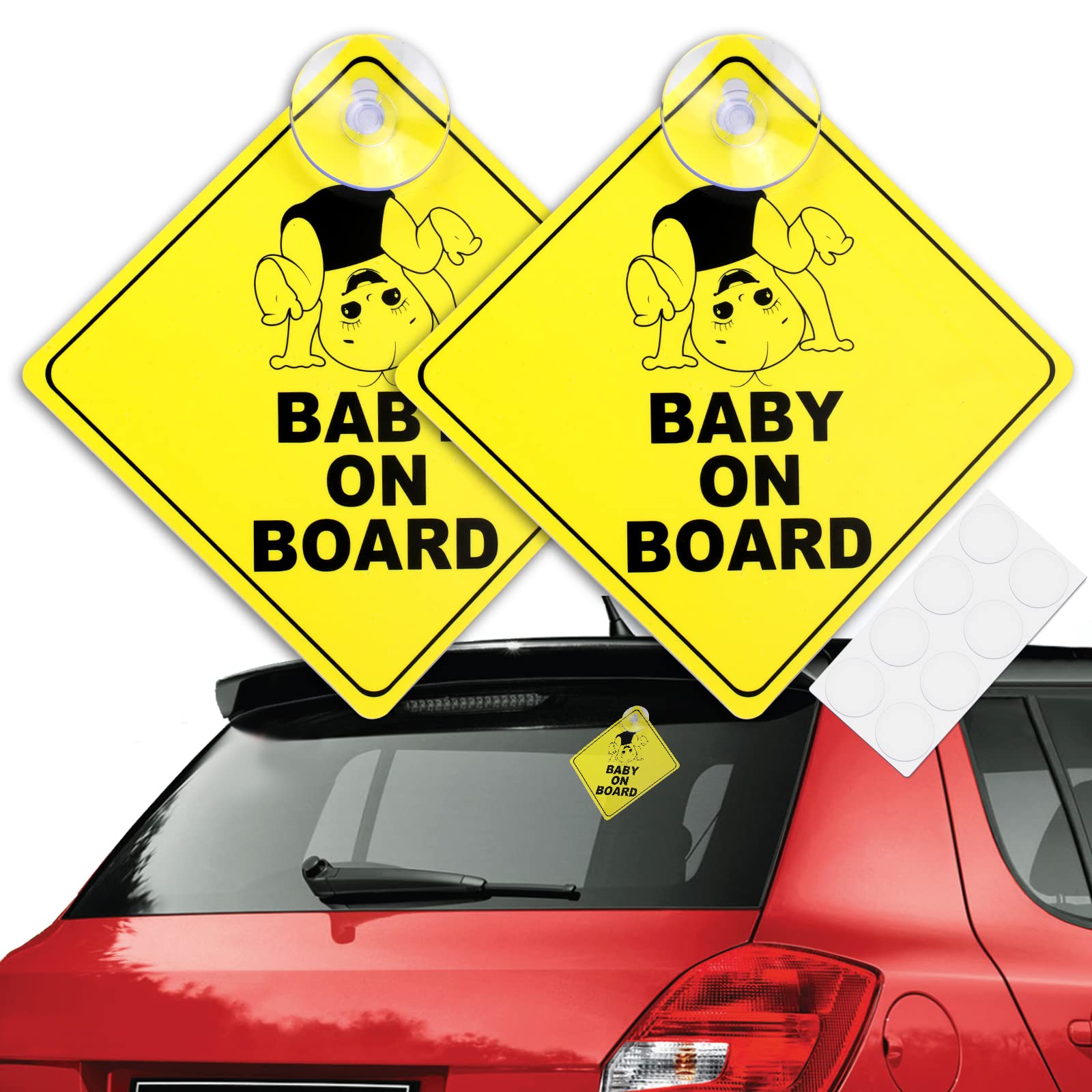 2Pcs Baby on Board Car Warning, Baby and Child on Board Sticker, Removable Car Window Sign with Suction Cup Car Stickers, Baby Safety Awareness Warning Decal, Baby Sign car Window Sign