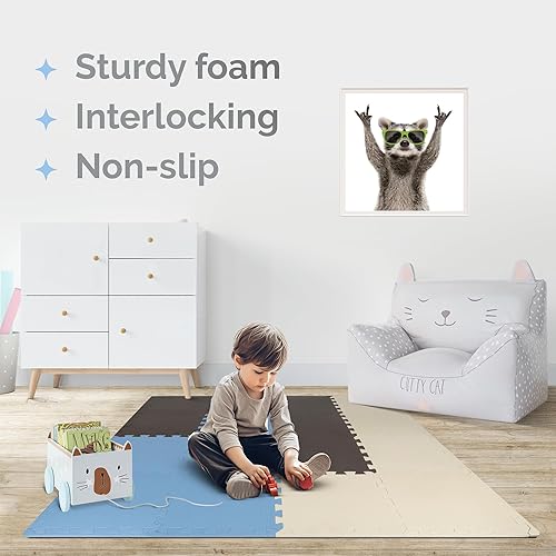 Foam Play Mat for Babies – Interlocking Puzzle Floor Tiles Baby Play Mat  (Blue-Brown-Beige)