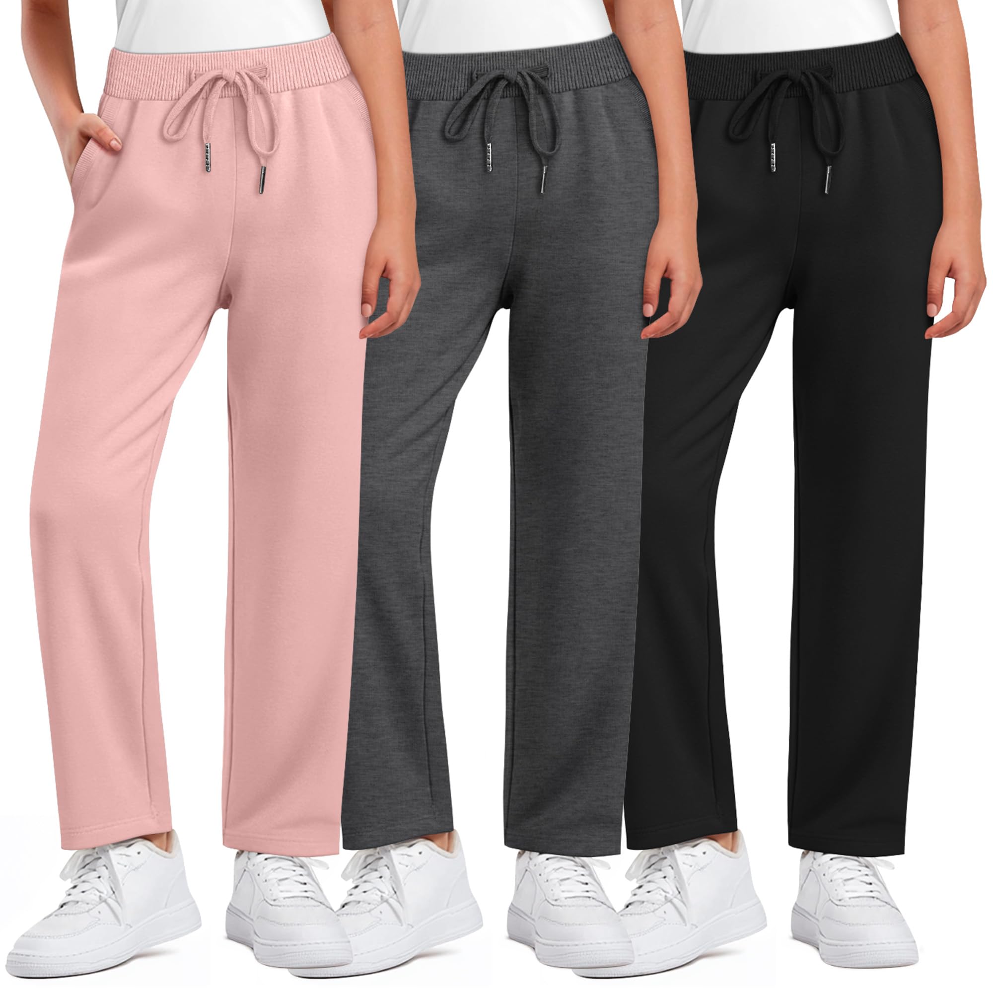 Photo 1 of ****gray missing***LessonZoo 3 Pack Girls Sweatpants Straight Leg Ribbed Waist Active Joggers Teens Athletic Pants with Drawstring and Pockets(Light Pink, Dark Gray, Black,Small)