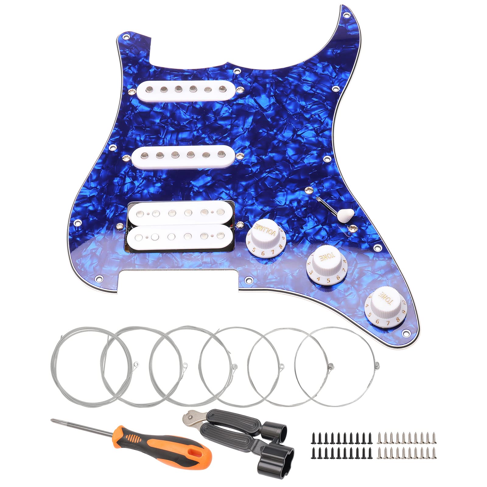 Unxuey SSH Loaded Prewired Pickguard Set, 11 Hole Loaded Guitar Pickguard Humbucker Pickups with Strings+ Repair Tool, for Fender Stratocaster Electric Guitar