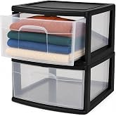 HOMZ Drawer Storage Cart, Wide Plastic Container, Black Frame, 2-Pack | 15" Wide Medium Tote with Clear Drawer for Organizing Bathrooms, Bedrooms, Home Offices, Closets, and Dorm Rooms