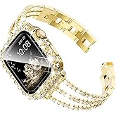 Surace Gold Apple Watch Bands 41mm for Women Series 9 8 7, Bling Diamond Rhinestone Link Bracelet with 2 in 1 Waterproof Bling Case Lace Edge Diamond Protective Bumper Face Cover, Gold