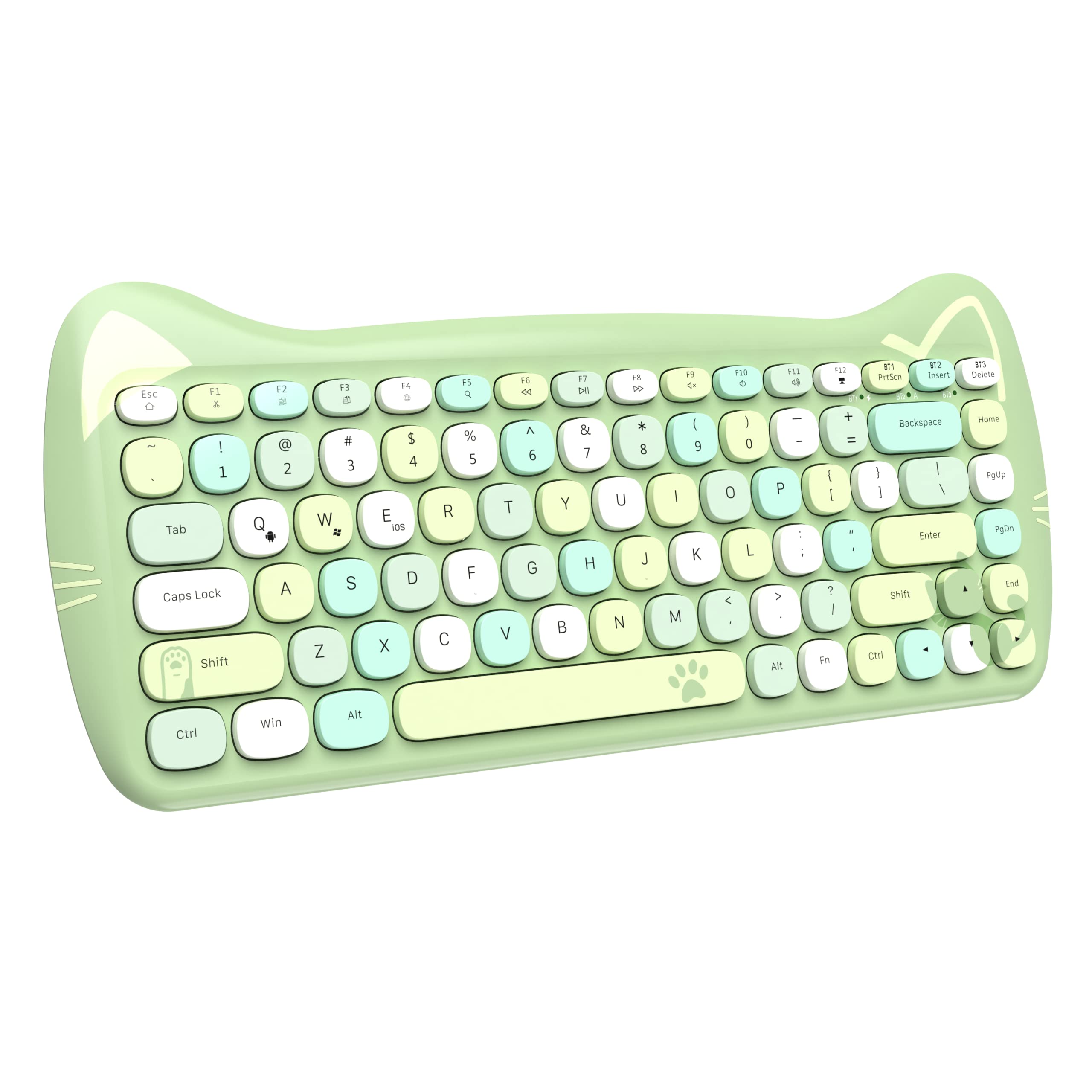 ZIYOU LANG 3060i Wireless Cute Computer Keyboard Lovely Cat Retro Silent Slim Bluetooth Keyboard with Typewriter Round Matte Texture Keycap Multi Device Connection for PC Laptop Mac-Colorful Green