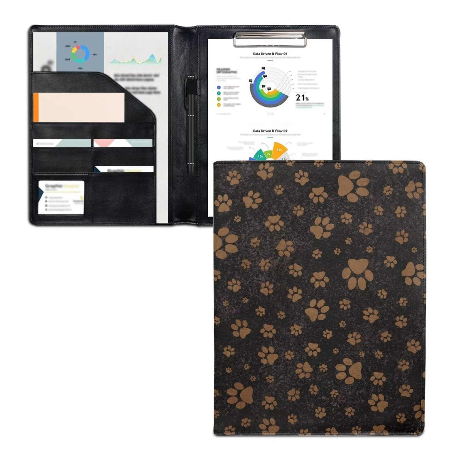 COEQINE Office Folders with Leather Cover Dortable Pu Cover Protection Interview Keep Important Document,Watterproof,Dogs Paw Cute Print