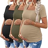 Baggyfly 3 Pack Women's Maternity Shirts Square Neck Side Ruched Short Sleeve Maternity Tops Casual Knitted Pregnancy Tees