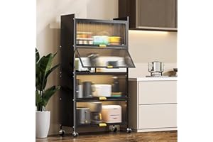 COOLFXEND Kitchen Storage Cabinets,5 Tiers Bakers Rack for Kitchens with Storage,Microwave Stand,Kitchen Shelves with Transparent Flip Door & 4 Rolling Wheels,for Kitchen Dining Living Study Room