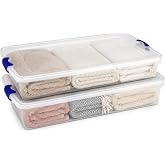 HOMZ Under Bed Clear Plastic Storage Bin w/Lid, 60 Qt, Blue Latch, 2 Pack | Heavy-Duty Stackable Containers, Large Organizer Box for Homes, Offices, and Garages