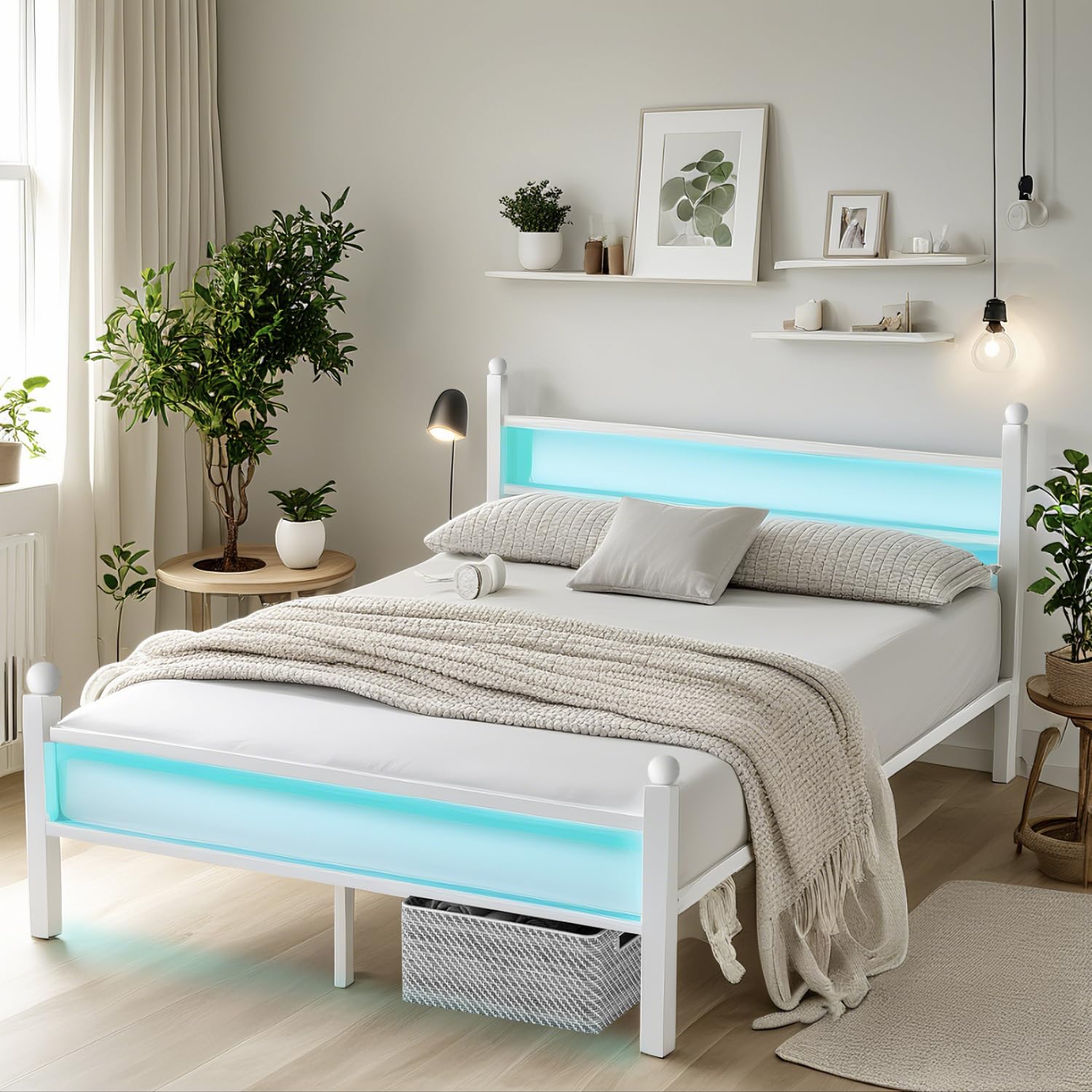 Photo 1 of (PARTIAL SET) (USED/FAIR) CLIBFENG Queen Bed Frame with Headboard and Footboard,Steel Slats Support-LED Bed Frame with USB Charging Station,Mattress Foundation-Under Bed Storage,No Box Spring Needed,Noise Free,White