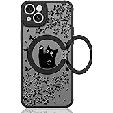 Heaofei Cute Case for iPhone 14 Case with Stand [ Compatible with MagSafe ] Kawaii Black Cat & Floral & Butterflies Pattern Design 360 Magnetic Ring Kickstand Phone Cover for Women Girls Boys