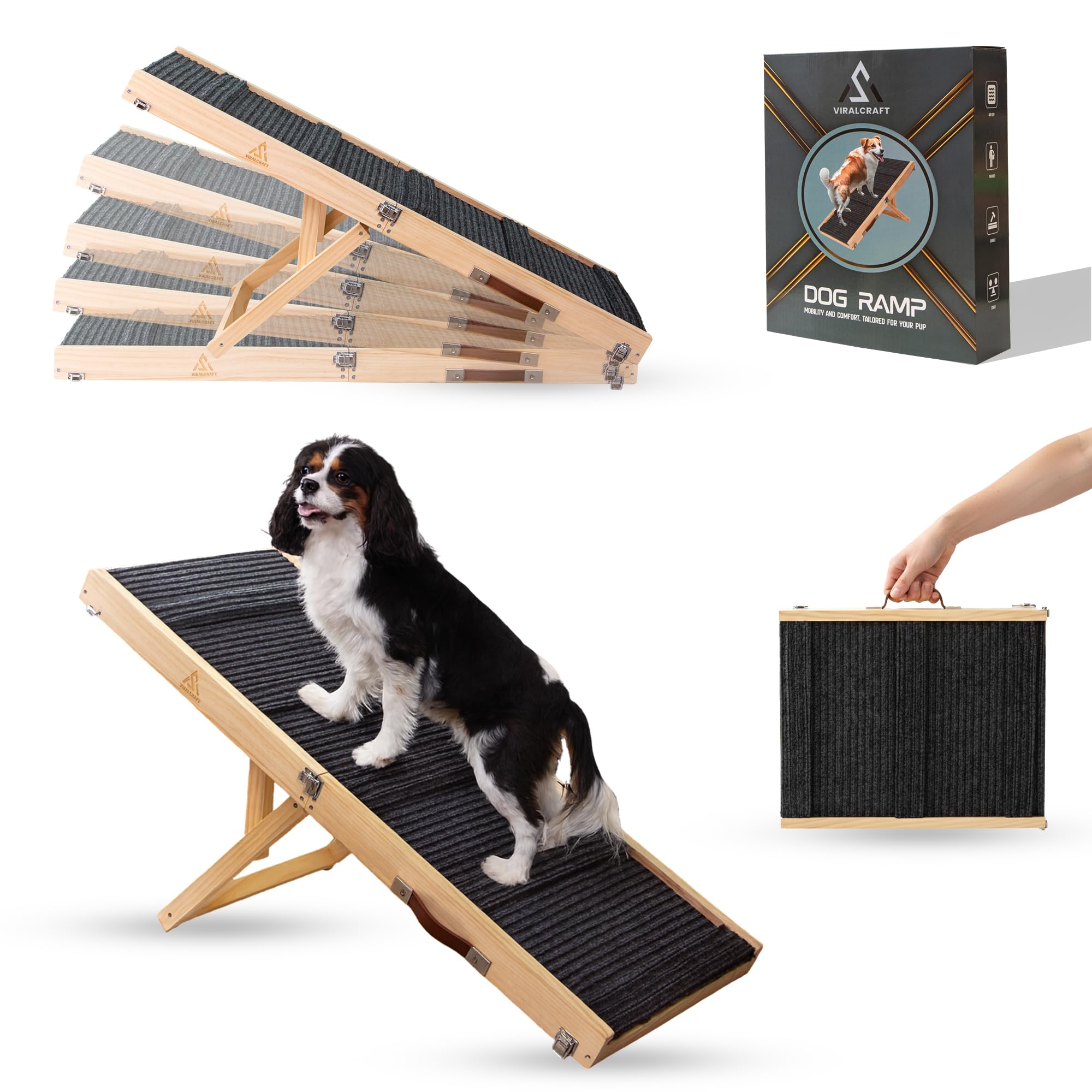 Photo 1 of VIRALCRAFT Adjustable Dog Ramp for Bed, 40.5 Inch Long Foldable Solid Wood Pet Ramp for Dogs and Cats, 10 to 24 Inch Height, Non Slip Surface