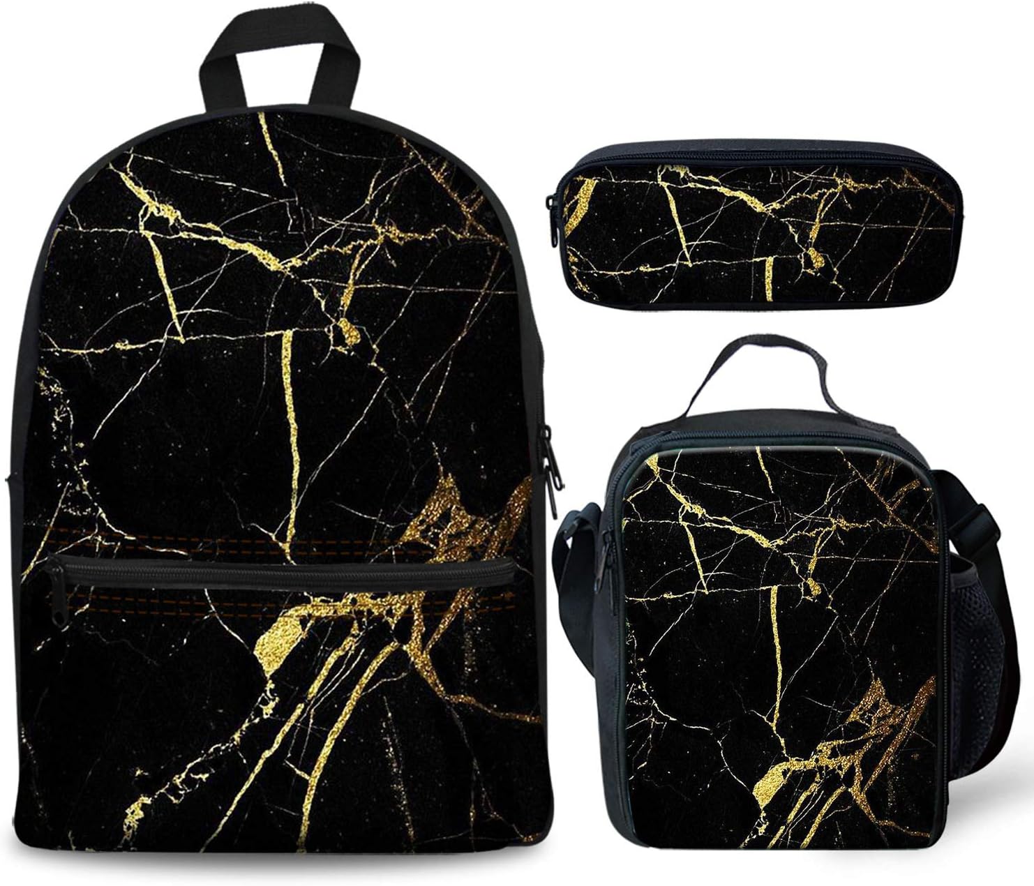 Foruidea Black Gold Marble Texture Backpacks Set 3 Pieces Lunch Bag Pen