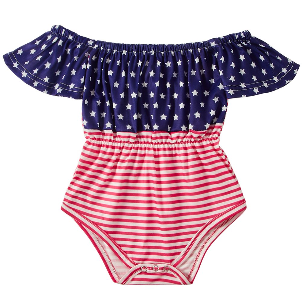 American Flag Style Off The Shoulder Bodysuit,Organic Stinking Cute Short-Sleeve Bodysuit Red White Stripes Coral Outfits for Baby Girls Shower Gift Jumpsuit Shorts Sleepwear 1-2 T