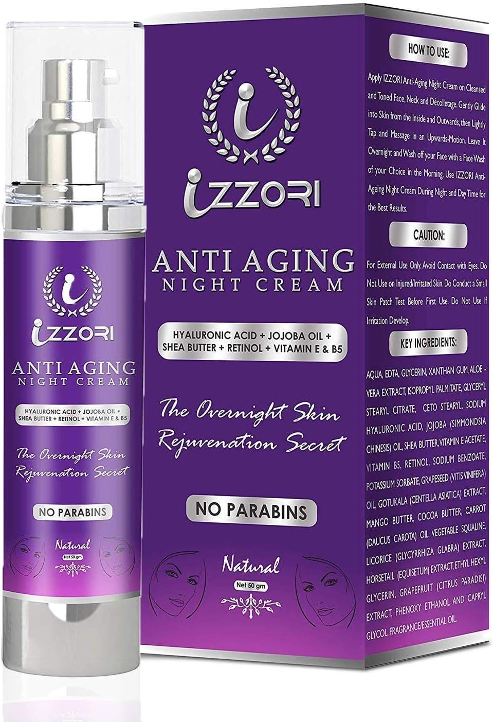 IZZORI Pure Anti Aging Day and Night Cream with Hyaluronic Acid, Retinol, Jojoba Oil, Shea Butter, Vitamin E and B5 (50 gm)