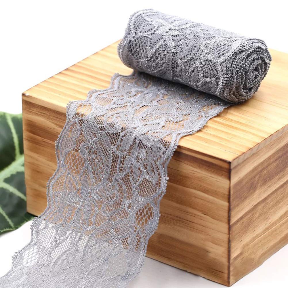 Sewing Coloured Lace Ribbon, JeogYong 2.2 Yards Embroidered Stretch Tulle Lace Trim Bridal Webbing Lace Fabric 8cm Width, Vintage Floral Lace Roll for DIY Craft, Clothes, Party (Gray)
