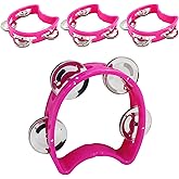 Piutouyar 4 Pack Plastic Tambourine, Pink Half Circle Tambourine with 4 Jingle Bells Mini Handheld Tambourine for School, Party, Band